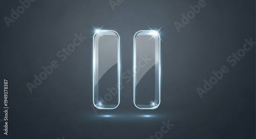 Glossy Glass Pause Button Symbol on Dark Background.