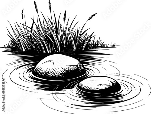 Black and white ink of smooth stones submerged in rippling water with tall grass