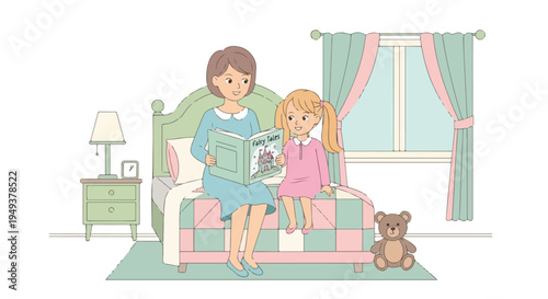 Loving mother reads a cozy bedtime story to her young daughter in a warm bedroom, fostering childhood imagination and family bonding.