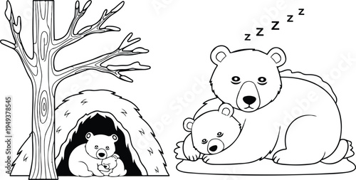 Cute cartoon sleeping bears in den in winter vector coloring page. Bear mom with her cub . Coloring book of forest animals for kids