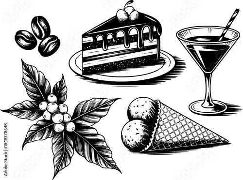 Vintage Style Coffee Beans Cake Ice Cream Cone Cocktail Drink And Coffee Branch