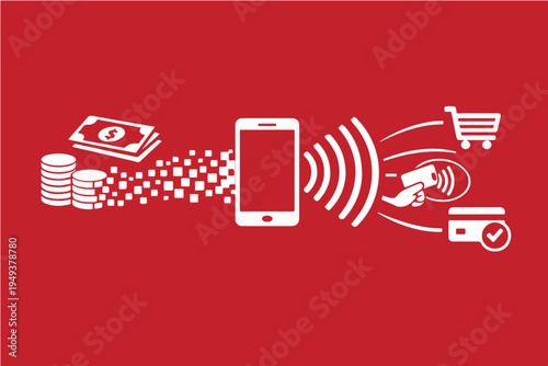 Digital Payment Transformation from Cash Coins to Smartphone Contactless Transaction System – Vector Illustration