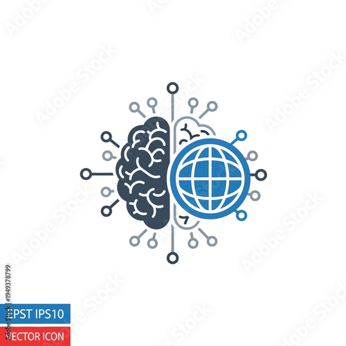 Brain with globe icon network.