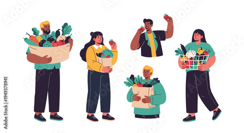 Group of diverse people holding baskets and bags full of healthy fresh produce like carrots, berries, and leafy greens.