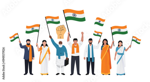 Proud group of Indian people representing diverse backgrounds while holding national flags of India in a celebration.