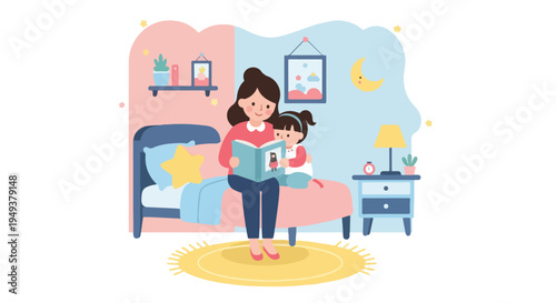 Mother reading a bedtime story to her daughter in a cozy bedroom, illustration