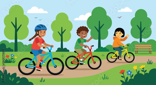 Three diverse happy children riding colorful bicycles on a path in a sunny green park with lush trees and blooming spring flowers enjoying outdoor physical sport activities.