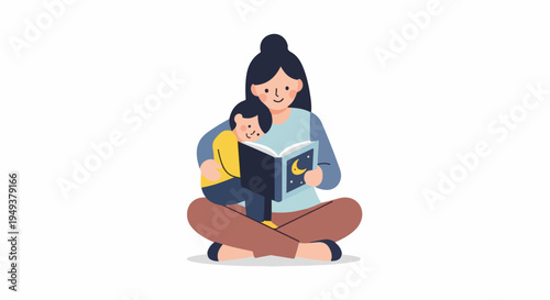 Mother and child reading a bedtime storybook together, illustration of family bonding and childhood education
