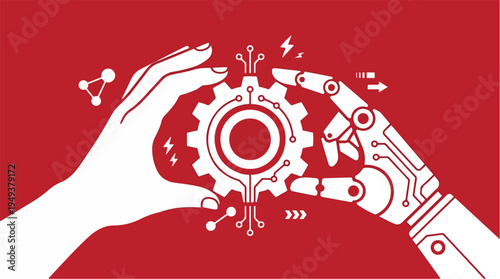Human and Artificial Intelligence Collaboration Hands Assembling Mechanical Gear for Augmented Business Innovation – Vector Illustration