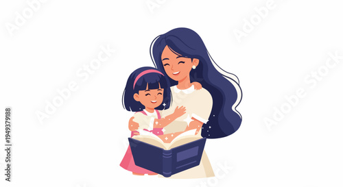Mother and daughter reading a book together, hugging and smiling, symbolizing love and education