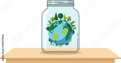 Planet Earth inside a transparent glass jar with lush green trees and plants resting on a wooden table symbolizing global environmental conservation and ecology protection.