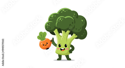 Cute cartoon broccoli character holding a small smiling carrot, promoting healthy eating and nutrition for children in a fun way.