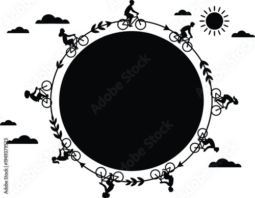 Silhouette of people riding bicycles around a circular globe with leaf arrows symbolizing global sustainable transport ecology and a healthy lifestyle for our living planet.