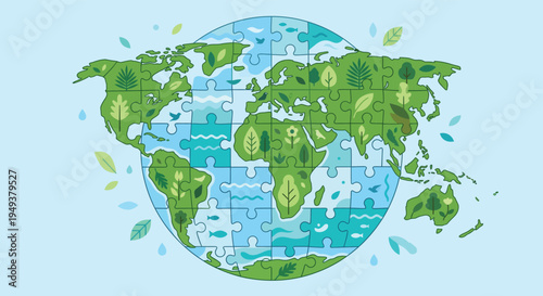 Creative global environmental conservation concept featuring planet earth formed by jigsaw puzzle pieces highlighting lush green nature and ocean ecosystems for our future.