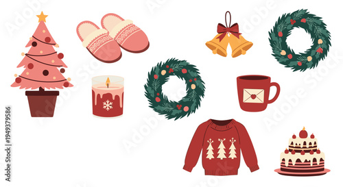 Collection of cozy winter and Christmas themed icons featuring a tree, slippers, candle, wreaths, bells, mug, sweater, and cake.