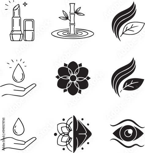 Black and white line art illustrations of beauty and skincare products