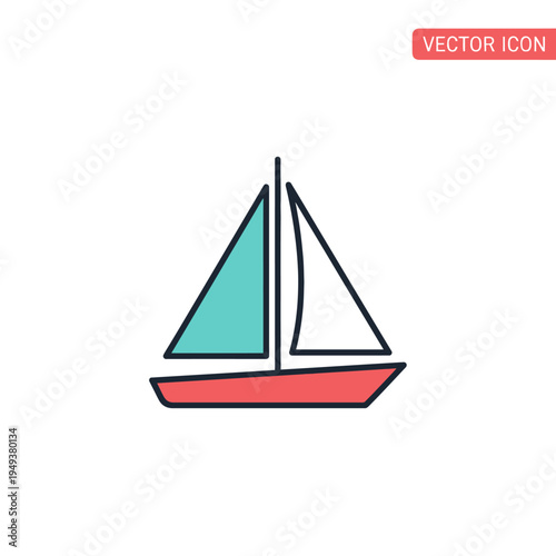 Sailboat with red hull and teal sail.