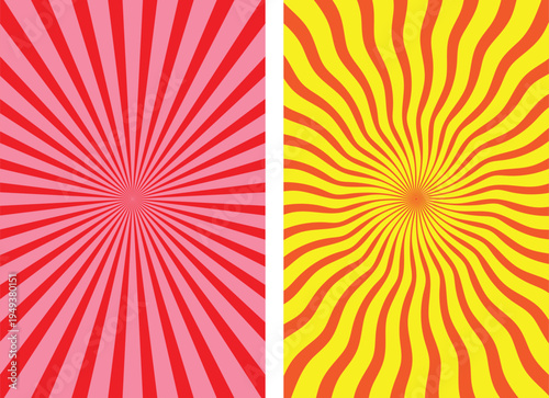 Pack of two red and yellow retro groovy sunburst line patterns abstract psychedelic radial vector backgrounds