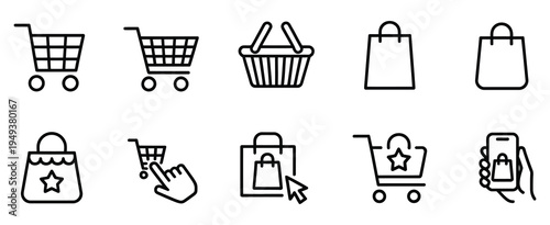 Shopping Bag Icons Online Purchase Cart Trolley Retail Commerce Store Symbol Outline Style Illustration Vector Design Market Sale