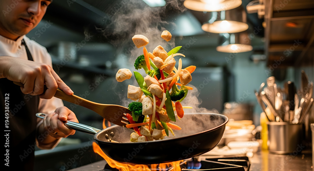 Fototapeta premium Chef cooking stir-fry vegetables and chicken in a wok with flames