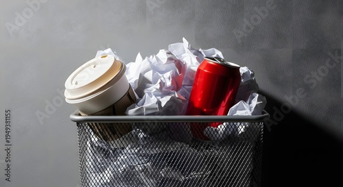 A full trash can contains a disposable coffee cup and a red soda can among crumpled paper