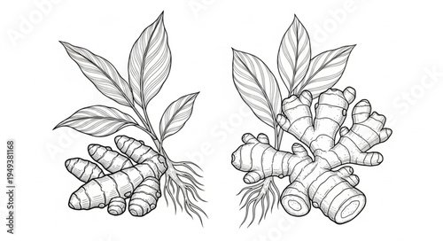 Detailed Ginger Root and Leaves Illustration in Black and White.