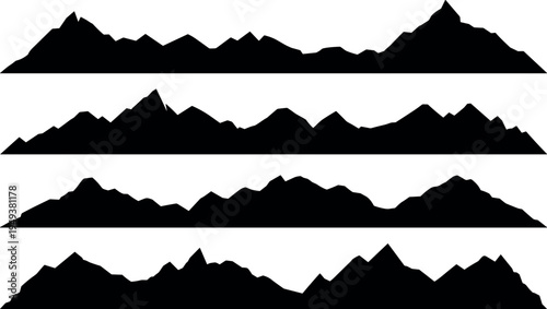 Minimalist black mountain range silhouettes set, abstract alpine landscape skyline collection isolated on white background, nature horizon vector style illustration