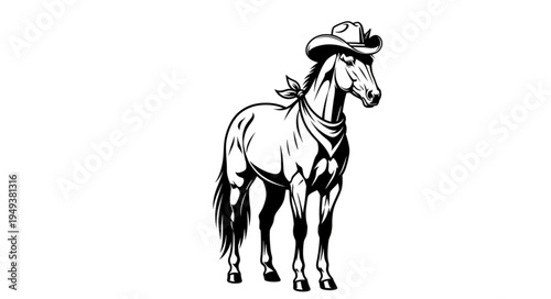 Cowboy Horse Illustration - A Western-Themed Equine Character in Black and White.