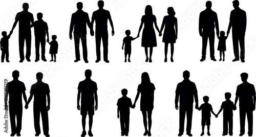 Collection of family people silhouettes with parents and children isolated on white background, parenting and relationship vector set