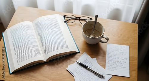 An open book with reading glasses a pen and a coffee cup on a wooden table