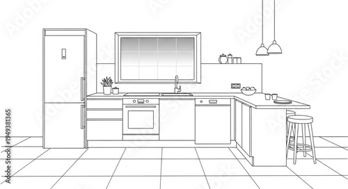 Kitchen Interior Design Sketch with Island and Appliances.
