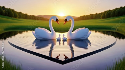  Swan Family in Heart Lake Reflection 