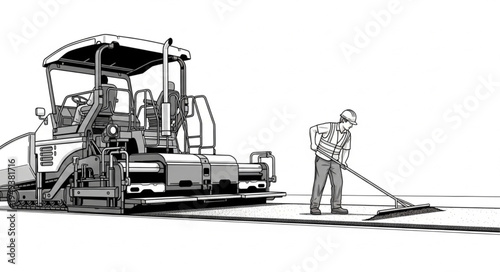 Road Construction Scene - Worker Smoothing Asphalt with Paver in Background.