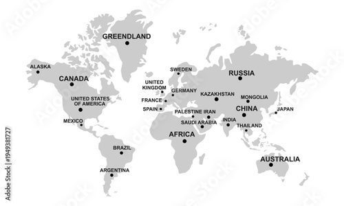 world map with country label vector illustration isolated on white background.