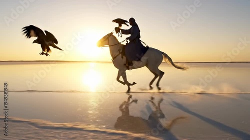 Cinematic low-angle tracking shot: a falconer on a white arabian stallion gallops across a golden salt flat at sunrise with a golden eagle in flight.