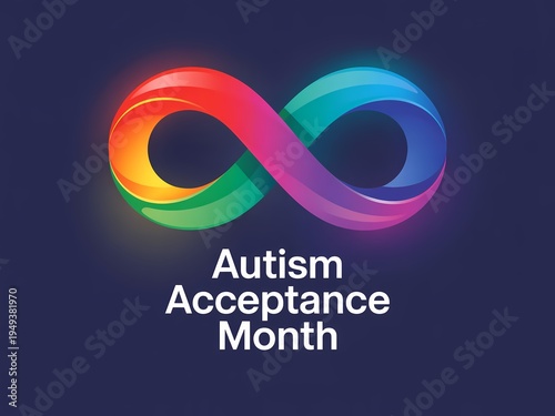 Autism acceptance month awareness symbol with colorful infinity sign on dark blue background