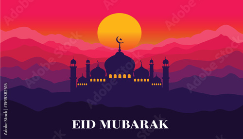 Eid Mubarak Mosque Silhouette Sunset Landscape Illustration