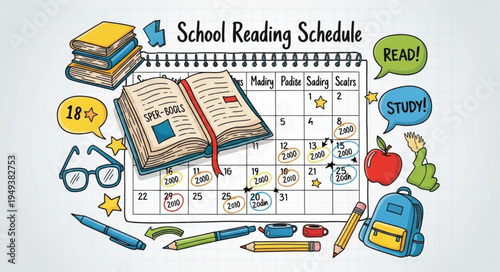 School Reading Schedule with Educational Supplies and Learning Elements.