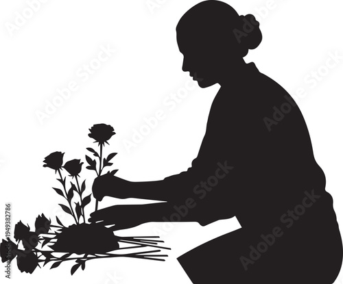 Florist hands arranging rose bouquet vector silhouette illustration line art design