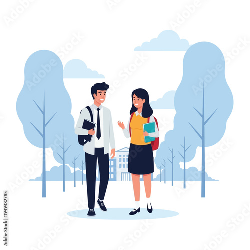 Campus Chat: A vibrant illustration depicts two students engrossed in conversation as they walk along a college campus pathway, framed by trees and an academic building in the background.