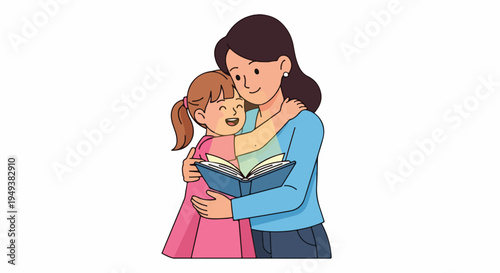 Loving mother and happy daughter reading a book together, sharing a warm hug and precious family bonding time. Cute cartoon illustration on white background.