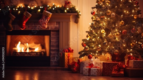 Cozy Winter Evening by a Flickering Fireplace Beneath a Brightly Decorated Christmas Tree