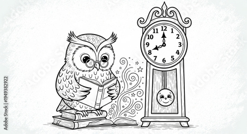 Wise Owl Reading Book Next to Grandfather Clock.