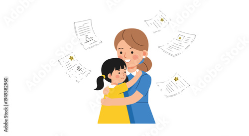 Proud mother hugging her happy daughter surrounded by achievement documents, symbolizing educational success, graduation, and a bright future.