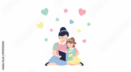 Cute vector illustration of a mother and daughter reading a book, surrounded by hearts and stars, symbolizing love, care, and family bonding time.