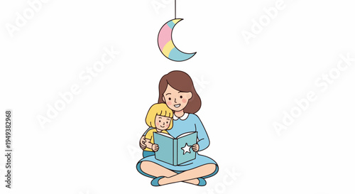 Mother reading a bedtime story to her smiling daughter under a colorful moon, illustrating love, care, and family bonding time.
