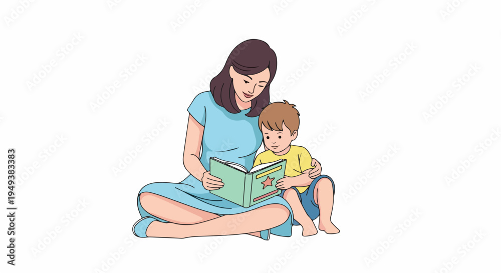 Obraz premium Mother reading a storybook to her young son, fostering imagination and bonding time, isolated on white.