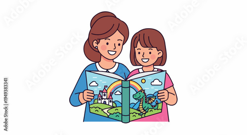 Happy mother and daughter enjoying a vibrant storybook, exploring magical worlds and strengthening their bond through shared reading.