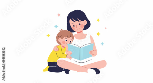 Joyful mother and child sharing a book, experiencing the magic of storytelling and learning together in a cozy, educational family moment. Flat illustration.
