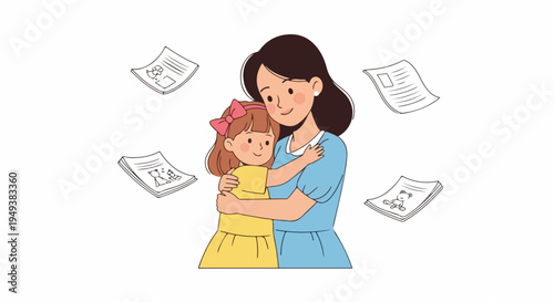 A loving mother hugs her daughter surrounded by floating papers, symbolizing family, education, and work-life balance.